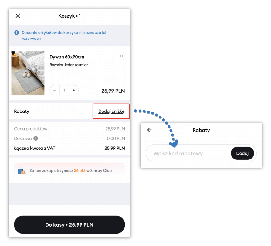 jak dodać kod rabatowy Sinsay w aplikacji mobilnej