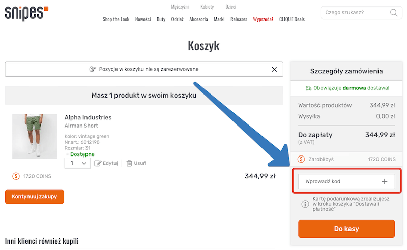 Miejsce w koszyku, gdzie należy wprowadzić kod rabatowy Snipes