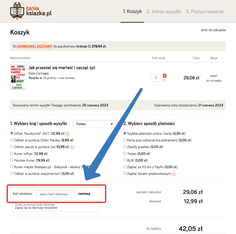 Gdzie wpisuje się kod rabatowy taniaksiazka.pl