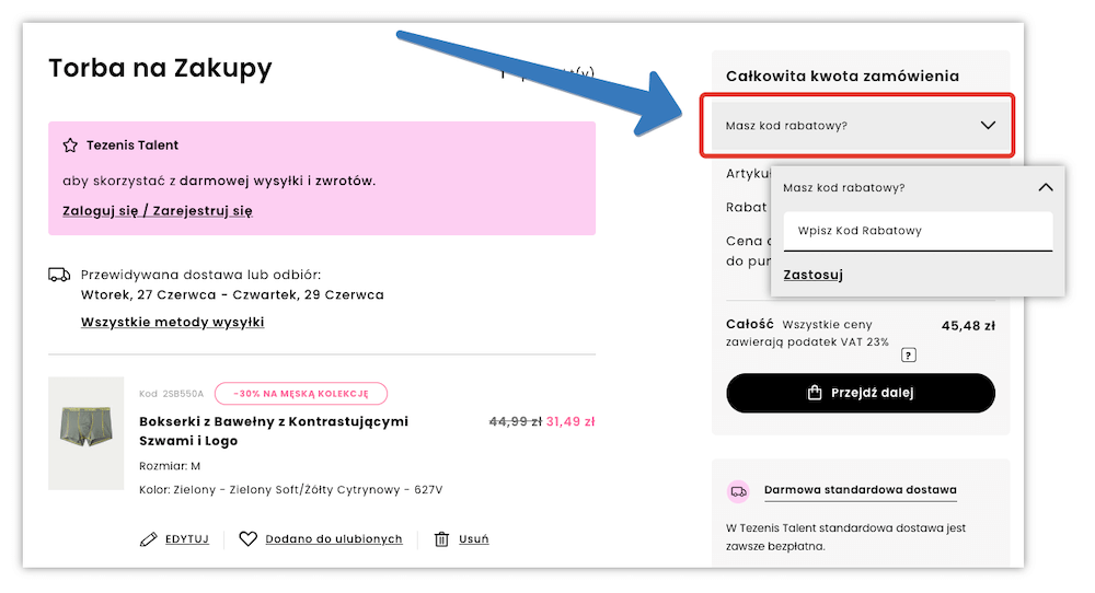 Gdzie w Tezenis wpisuje się kod rabatowy