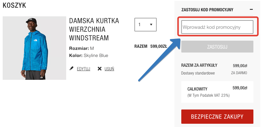 Gdzie wpisuje się kod promocyjny w The North Face?