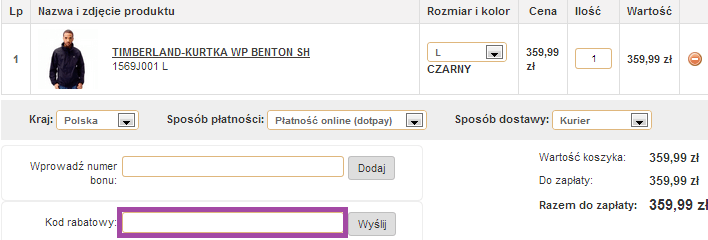 miejsce do wpisania kodu rabatowego w Timberland