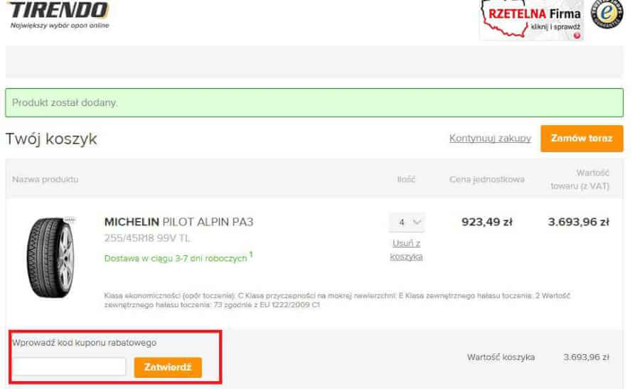 Jak wykorzystać kod rabatowy w Tirendo.pl