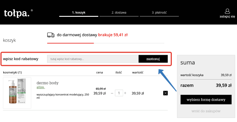 Pole na kod rabatowy w koszyku na tolpa.pl