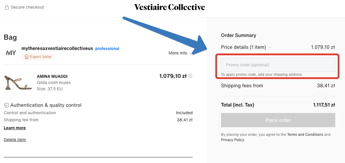 Gdzie wpisuje się kod rabatowy Vestiaire Collective