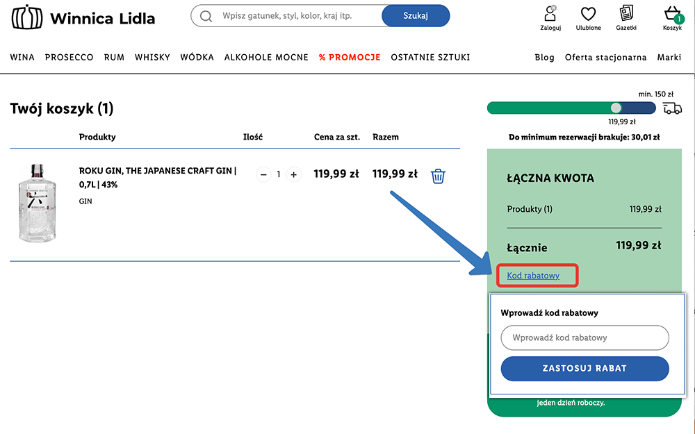 Gdzie trzeba wpisać kod rabatowy Winnica Lidla?