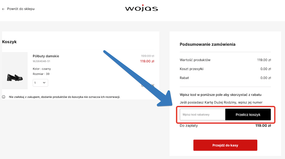 Gdzie znajduje się pole na kod rabatowy w Wojas.pl?