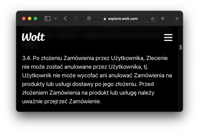 Regulamin Wolt – punkt o anulowaniu zamówienia