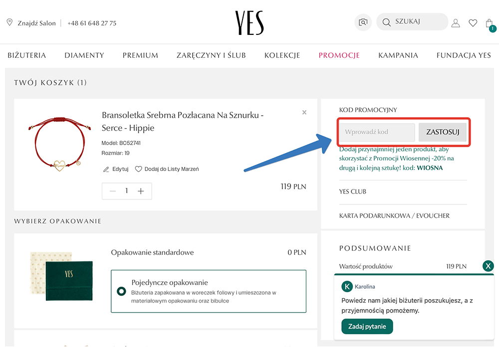 W którym miejscu aktywuję kod rabatowy YES?