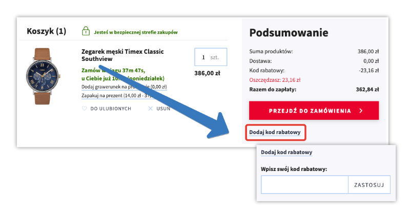 Gdzie jest pole na kod rabatowy na Zegarownia.pl