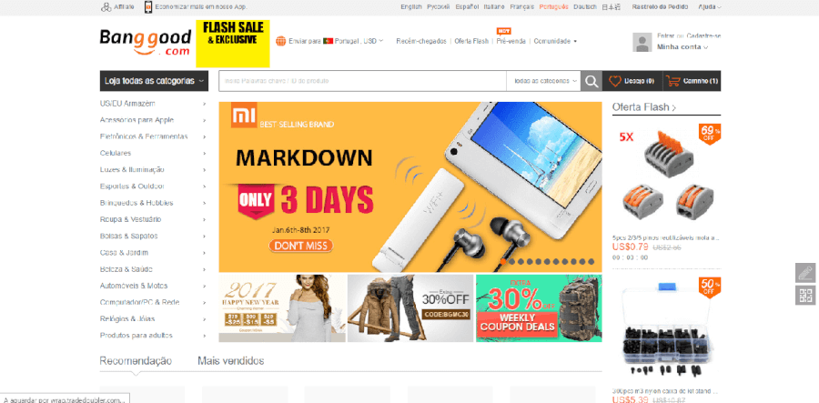 Página inicial do site da BangGood  Página inicial do site da BangGood
