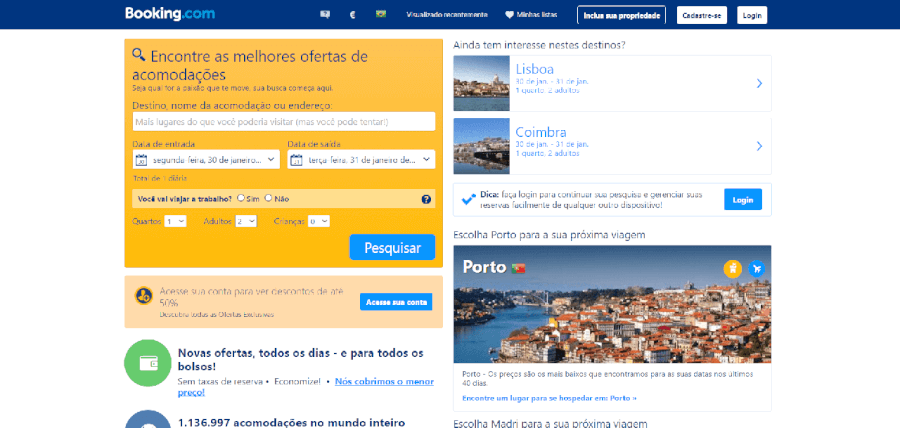 Página inicial do site do Booking Página inicial do site do Booking
