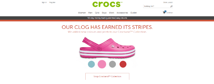 Página inicial do site da Crocs como navegar no site da Crocs