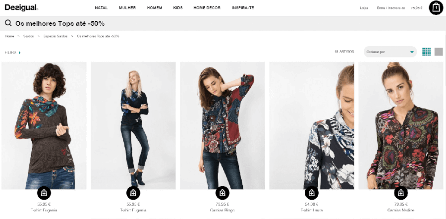 Descontos até 50% tops e t-shirts Descontos até 50% tops e t-shirts