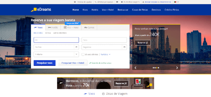 Página inicial do site da Edreams Página inicial do site da Edreams