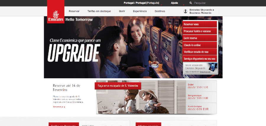 Página inicial do site da Emirates Página inicial do site da Emirates