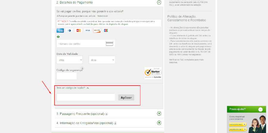 Como aplicar o código de cupão Europcar