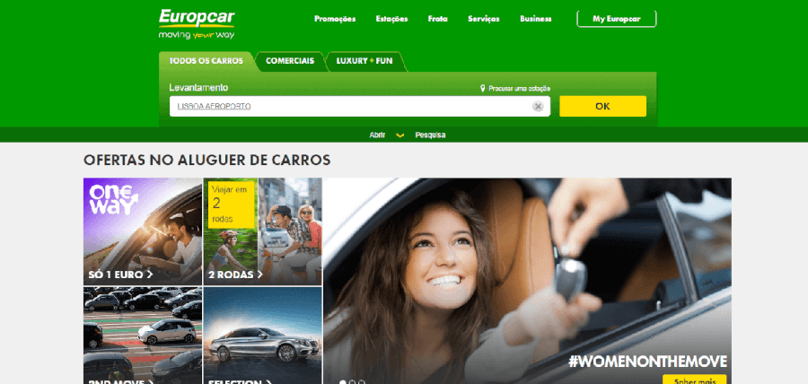 Página inicial do site da Europcar