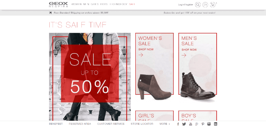 Página inicial do site da Geox Página inicial do site da Geox