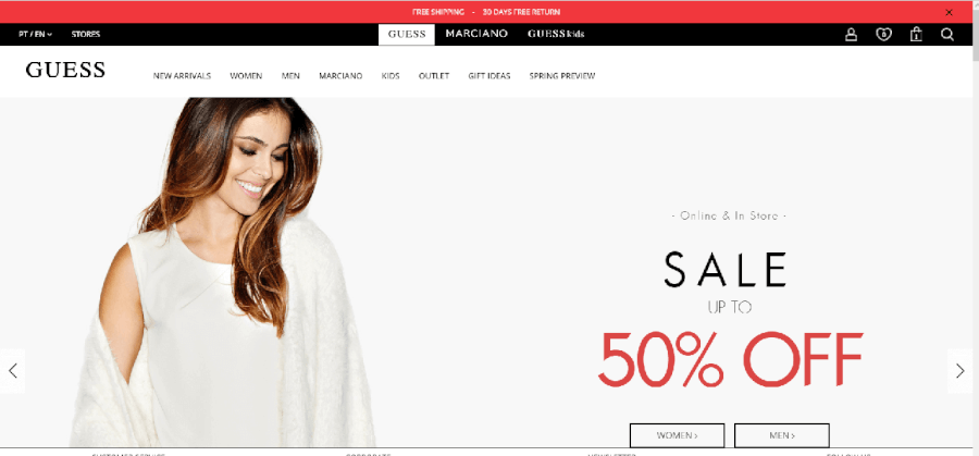 Página inicial do site da Guess Página inicial do site da Guess
