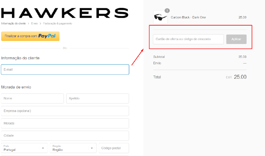 Como aplicar cartão de oferta ou código de dessconto Hawkers Como usar código de desconto na Hawkers