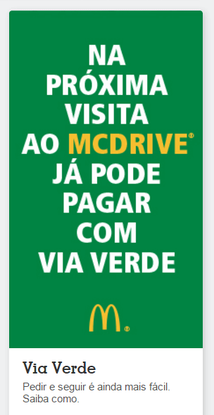 Pague com via verde na sua próxima visita Já pode pagar com via verde no McDrive