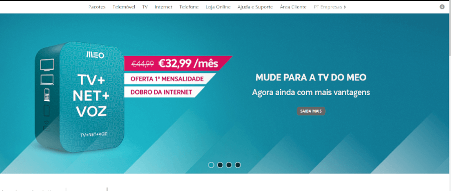 Página inicial do site da Meo Página inicial do site da Meo