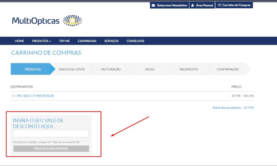 Como aplicar o cupão de desconto Multiopticas Como aplicar o cupão de desconto