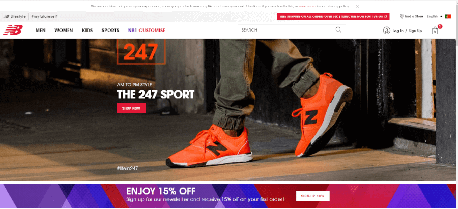 Página inicial do site da New Balance  Página inicial do site da New Balance