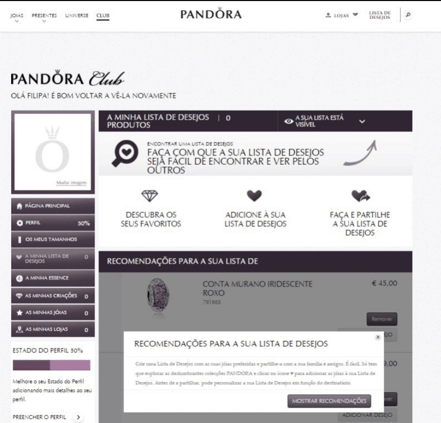 Como criar lista de desejos Pandora Lista de desejos Pandora