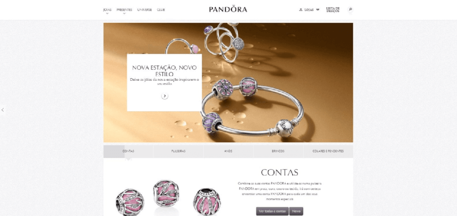 Página inicial do site da Pandora Página inicial do site da Pandora