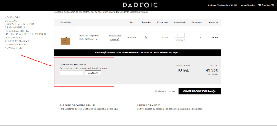 Como aplicar o código promocional Parfois Como aplicar o código promocional Parfois