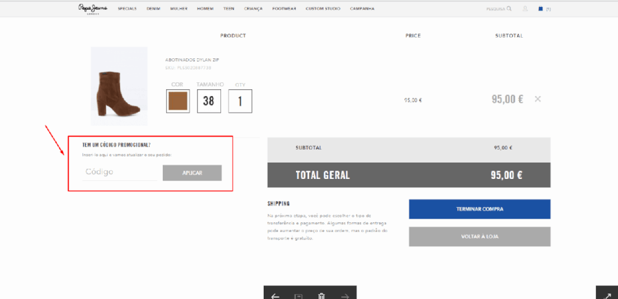 Como aplicar o código de promocional Pepe Jeans Como aplicar o código de promocional Pepe Jeans