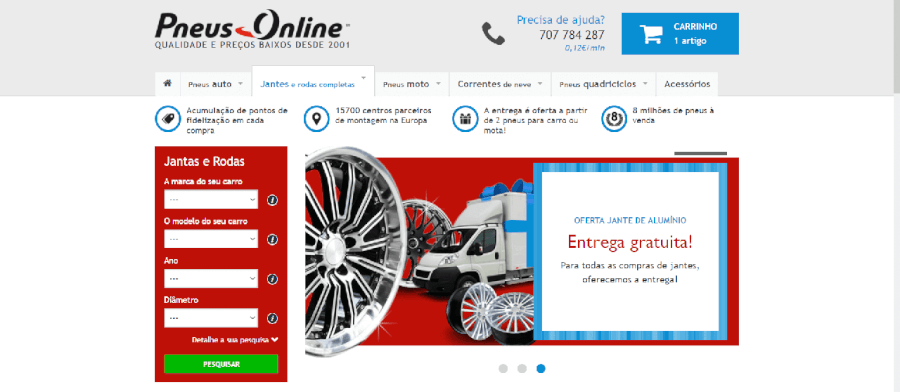 Página inicial do site da Pneus Online  Página inicial do site da Pneus Online