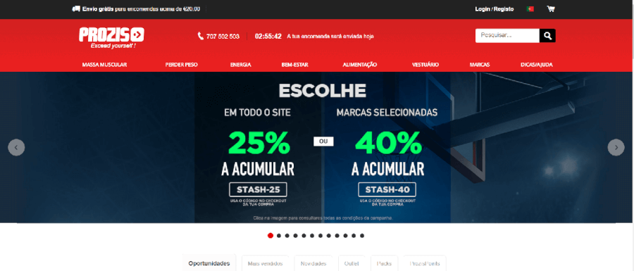 Página inicial do site da Prozis Página inicial do site da Prozis