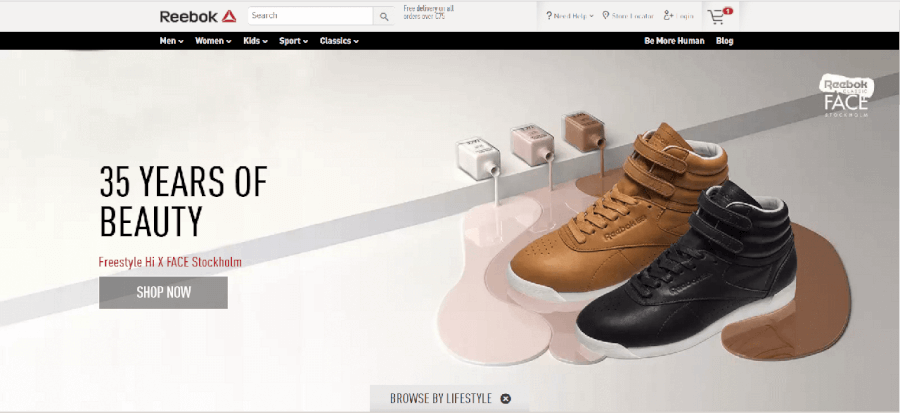 Página inicial do site da Reebok Página Inicial do site da Reebok