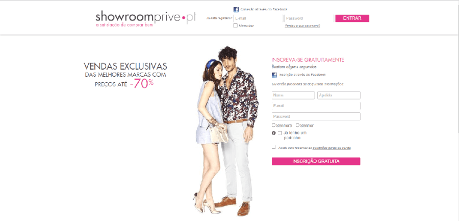 Página inicial do site da Showroom Prive como navegar no site da Showroom Prive