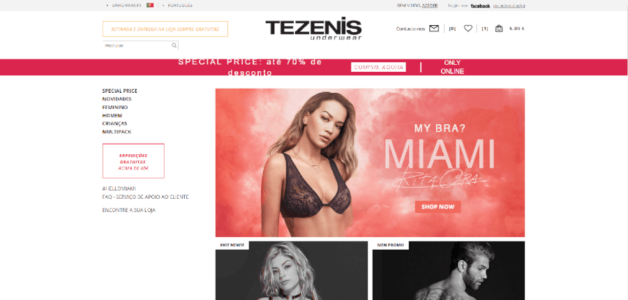 Página inicial do site da Tezenis Página inicial do site da Tezenis