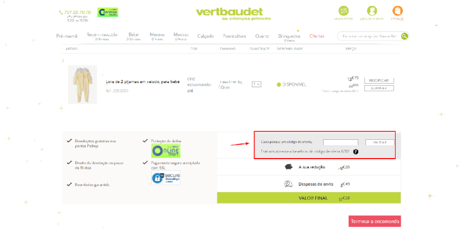 Como aplicar o código de oferta Vertbaudet Como aplicar o código de oferta Vertbaudet