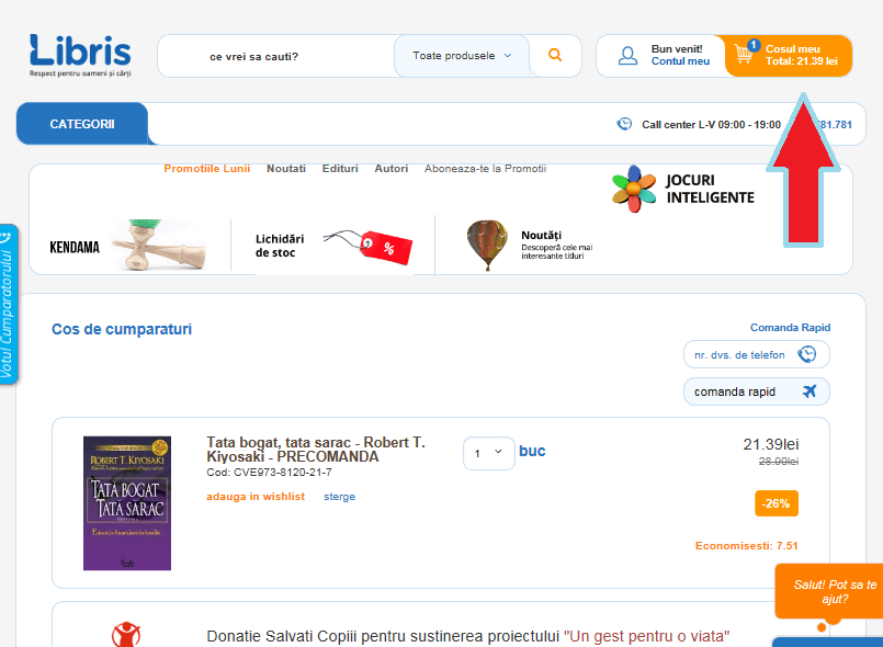 plasează o comanda pe libris verificare coș libris