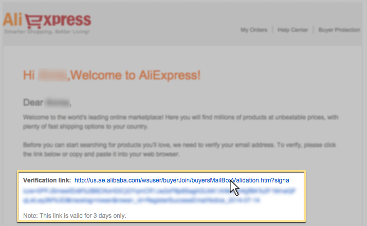 Регистрация на Алиэкспресс — письмо с ссылкой Регистрация на Алиэкспресс