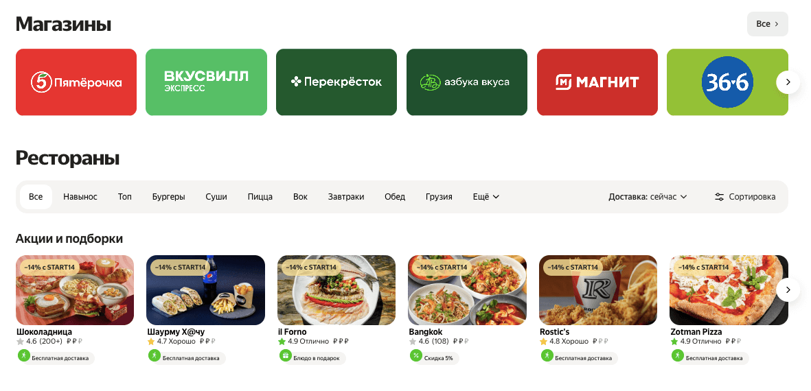 примерный ассортимент сайта Яндекс.Еда