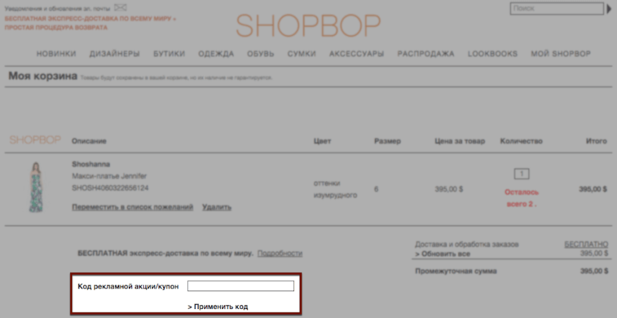 Введите промокод в указанное поле Корзина Shopbop
