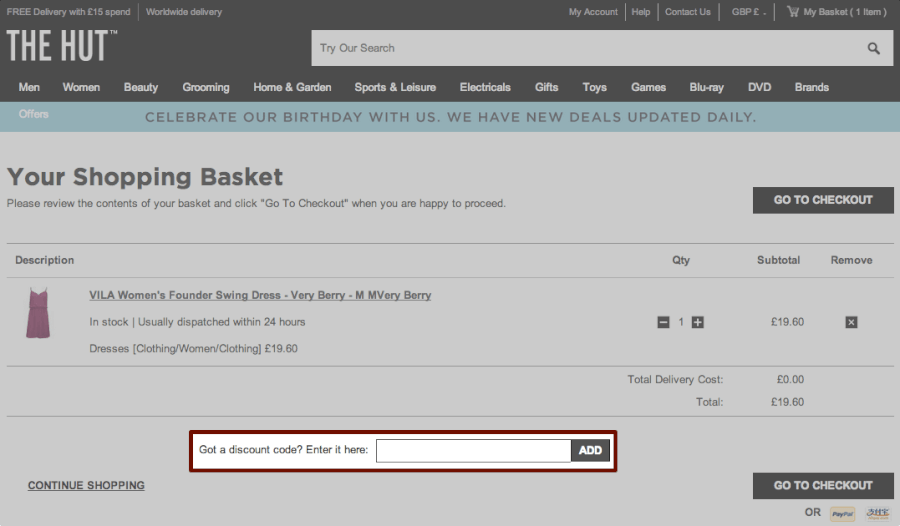 Скидочный код The Hut необходимо ввести в поле Discount Code Скидочный код The Hut необходимо ввести в поле Discount Code