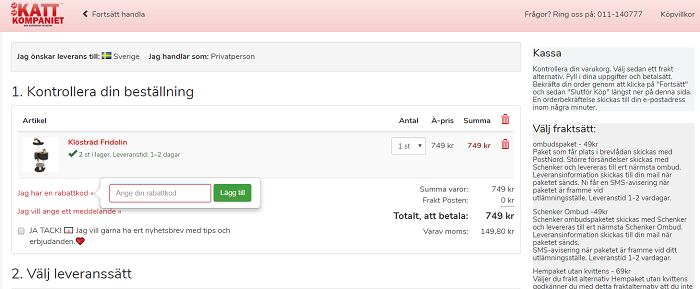 Skriv in din rabattkod här - som du får genom att följa Kattkompaniet på Facebook och deras nyhetsbrev