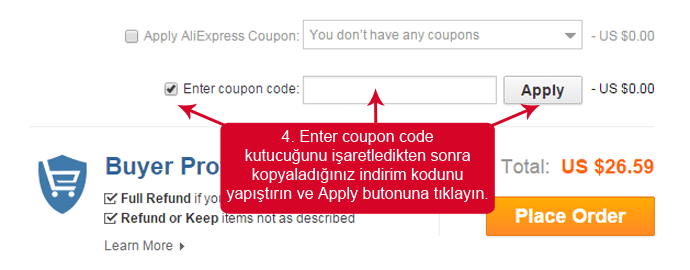 Aliexpress indirim kodunu girmek için boşluk