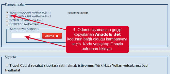 Anadolu Jet mağazası web sitesinde indirim kodunu girmek için boşluk