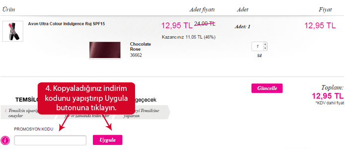 Avon indirim kodunu girmek için boşluk