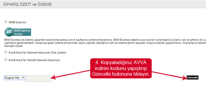 Avva indirim kodunu girmek için boşluk