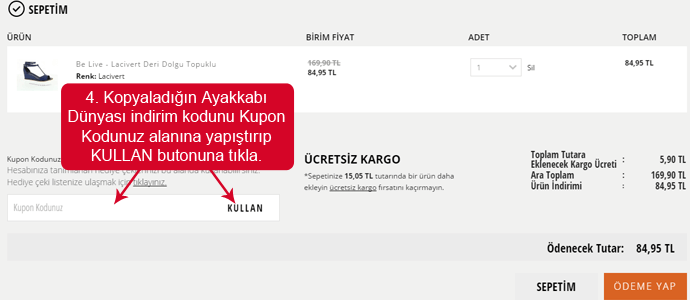 Ayakkabı Dünyası kupon kodu Ayakkabı Dünyası mağazası web sitesinde indirim kodunu girmek için boşluk